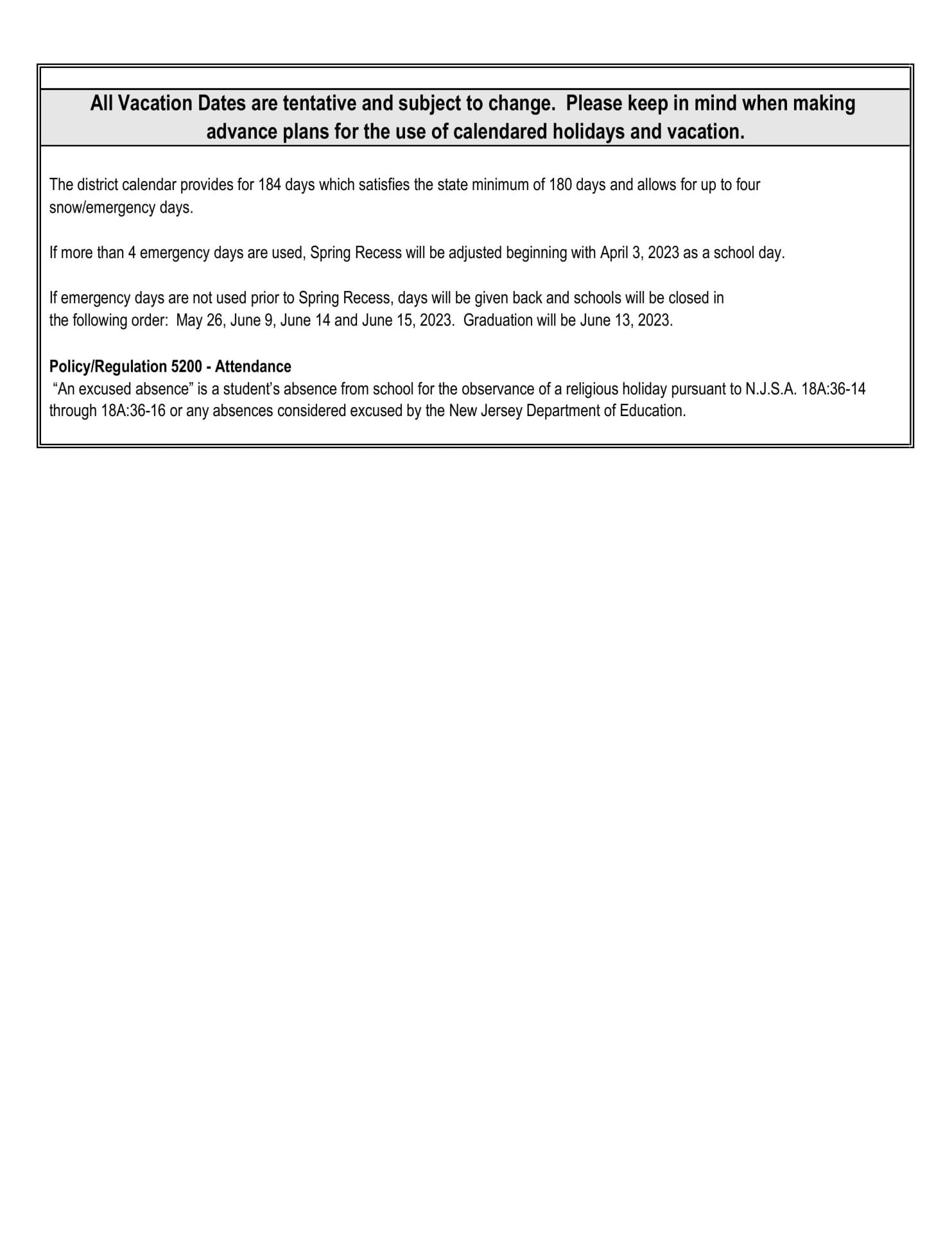 Randolph Township School Calendar for 2022-2023