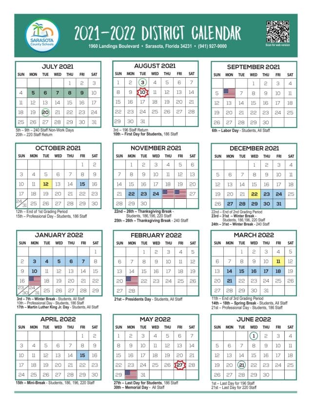 Sarasota County School Calendar for 2021-2022