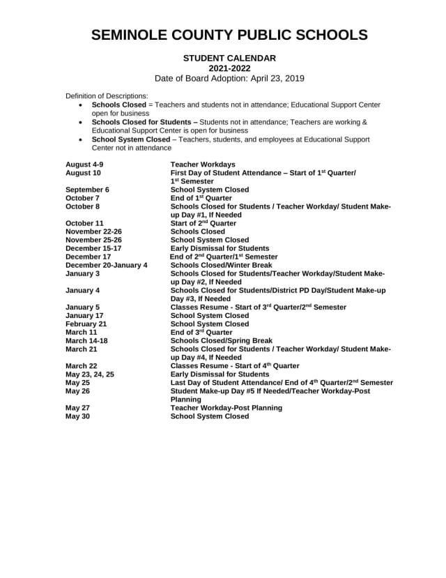 seminole county school calendar 2021-2022