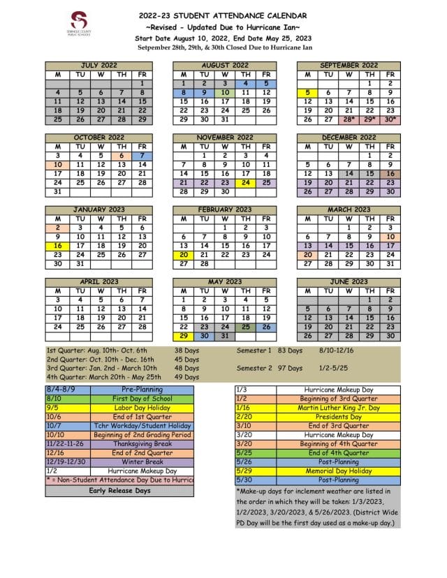 Seminole County School Calendar for 2022-2023