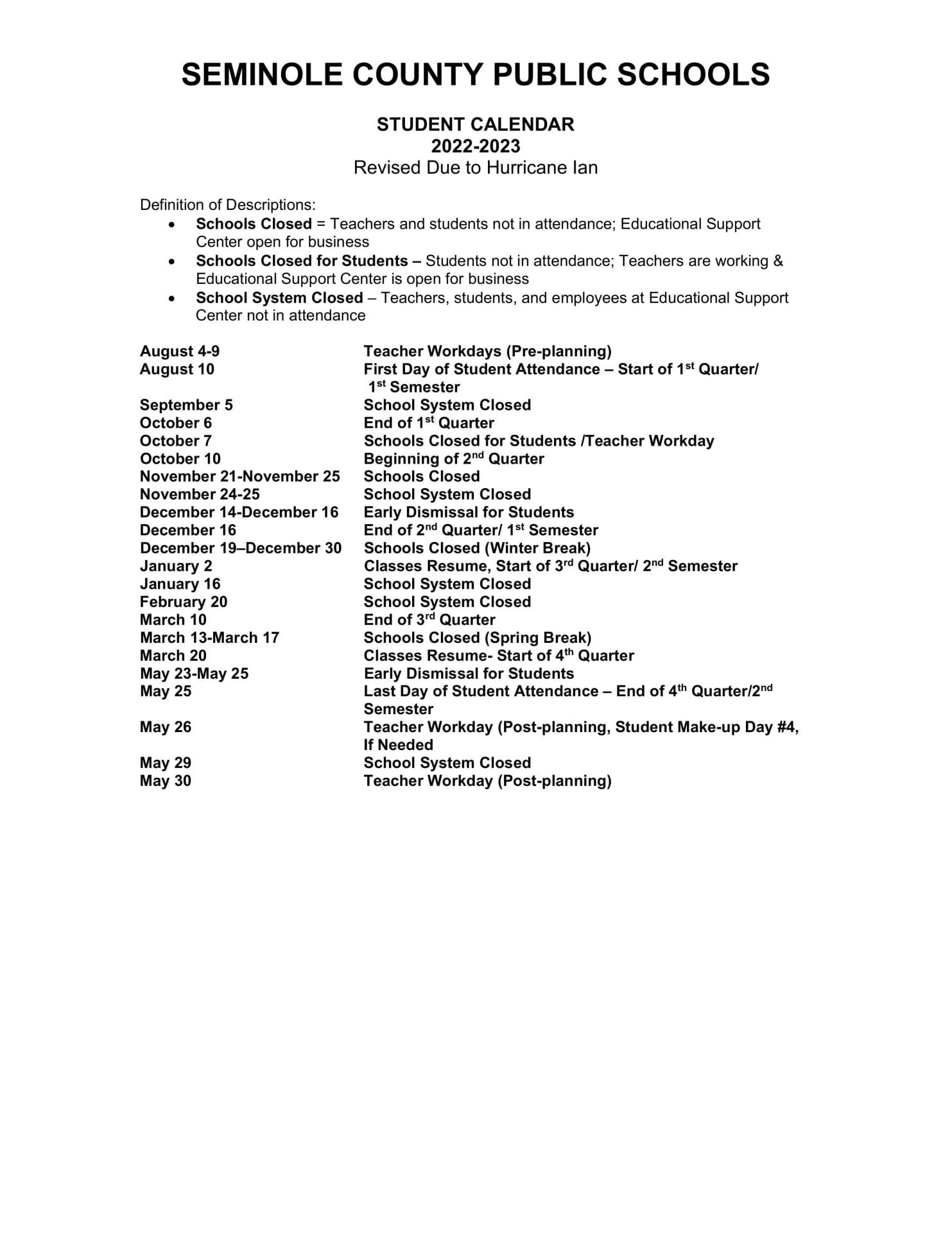 Seminole County School Calendar for 2022-2023