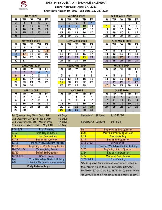Seminole County School Calendar for 2023-2024