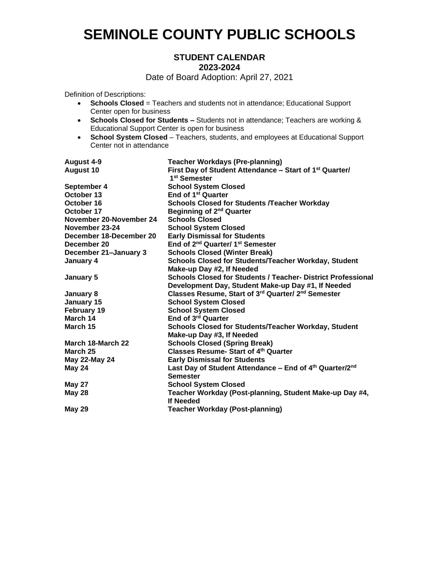 Seminole County School Calendar for 2023-2024