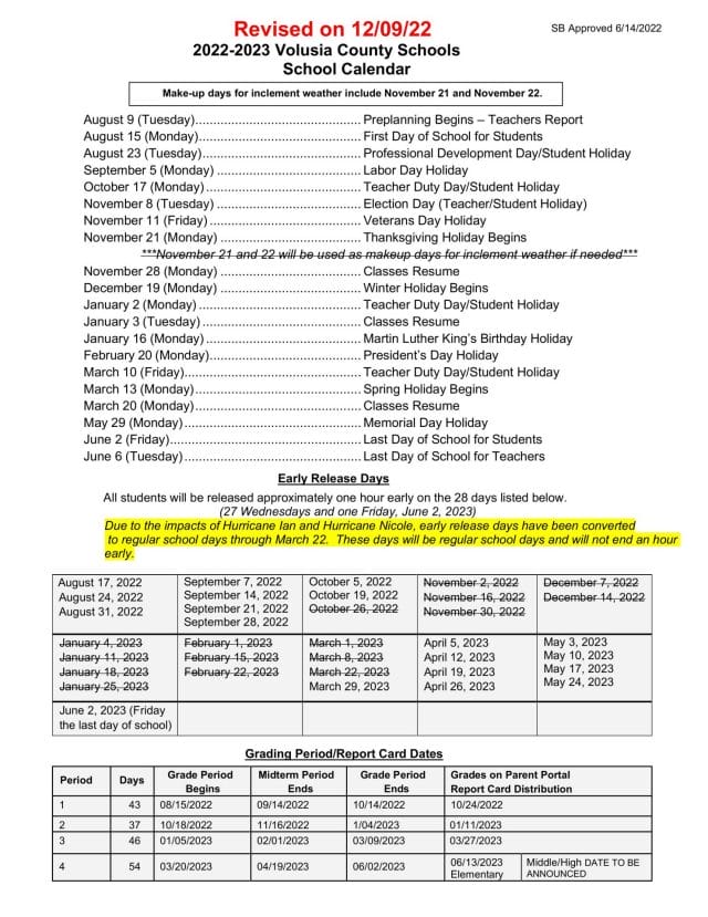 Volusia County School Calendar for 2022-2023