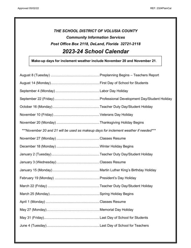 Volusia County School Calendar for 2023-2024