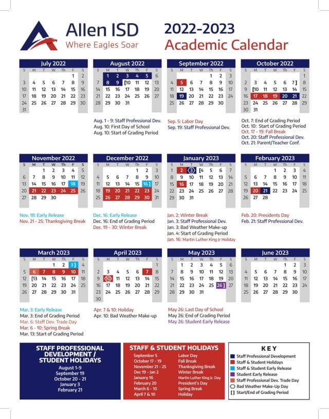 Allen Independent School Calendar for 2022-2023