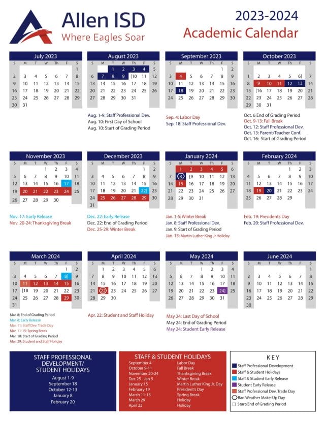 Allen Independent School Calendar for 2023-2024