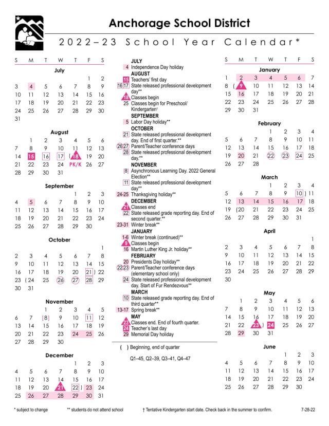 Anchorage School Calendar for 2022-2023