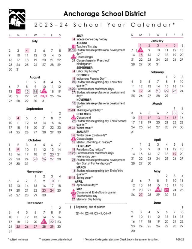 Anchorage School Calendar for 2023-2024