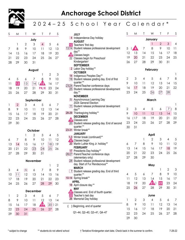 Anchorage School Calendar for 2024-2025