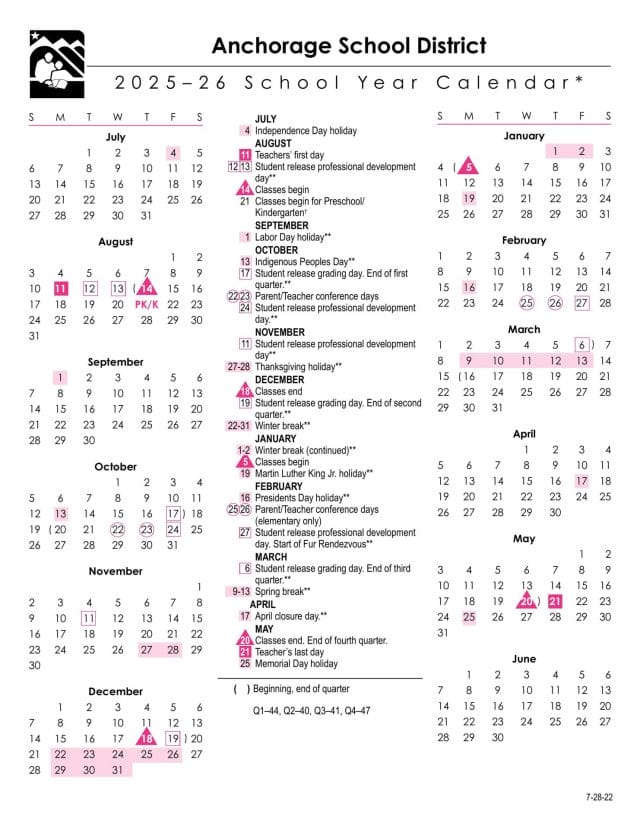 Anchorage School Calendar for 2025-2026