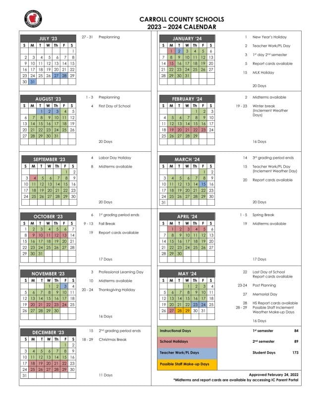 Carroll County School Calendar for 2023-2024
