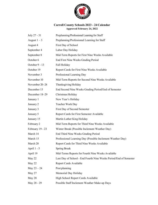 Carroll County School Calendar for 2023-2024