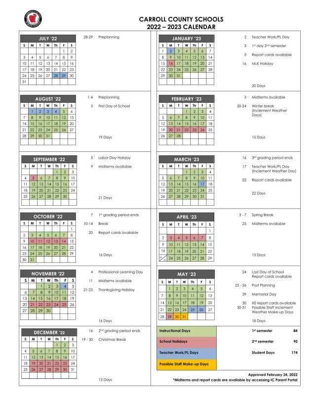 Carroll County School Calendar for 2022-2023