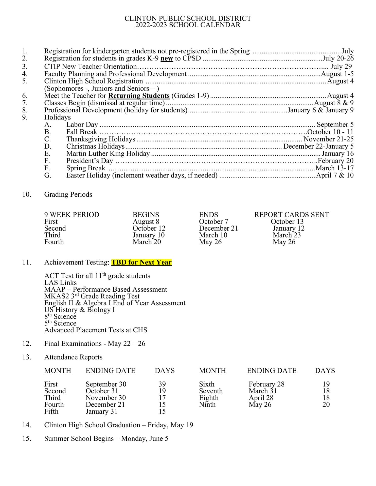 Clinton Public School Calendar for 2022-2023