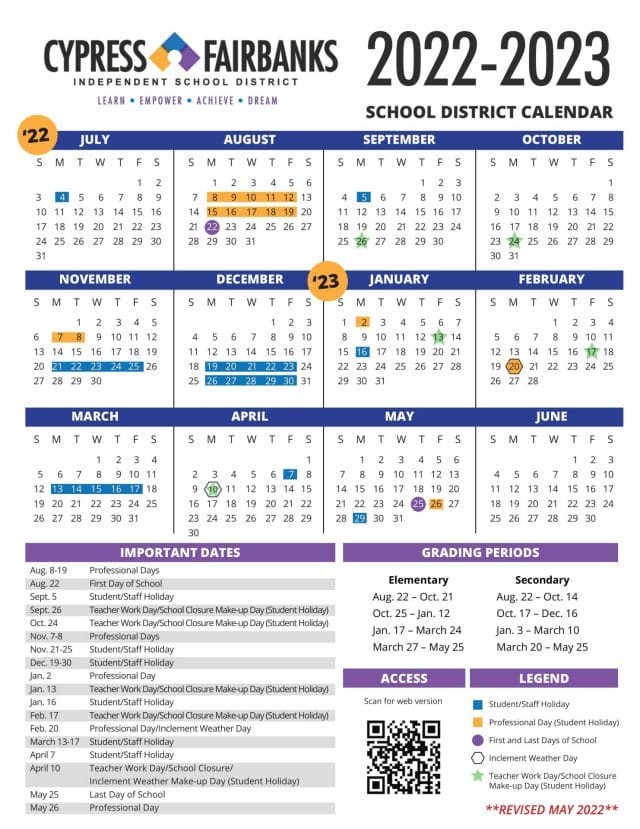 Cypress-Fairbanks Independent School Calendar for 2022-2023