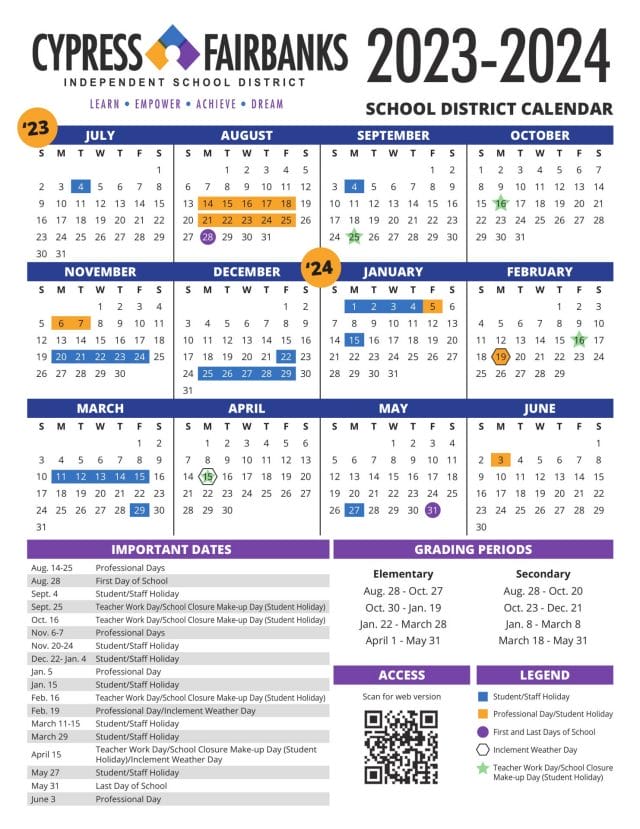 Cypress-Fairbanks Independent School Calendar for 2023-2024