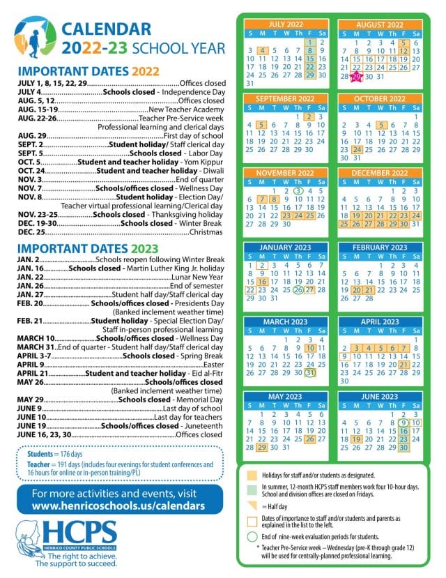 Henrico County School Calendar for 2022-2023