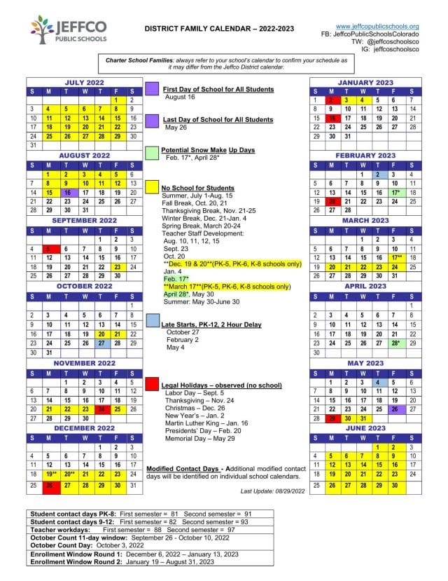 Jeffco Public School Calendar for 2022-2023