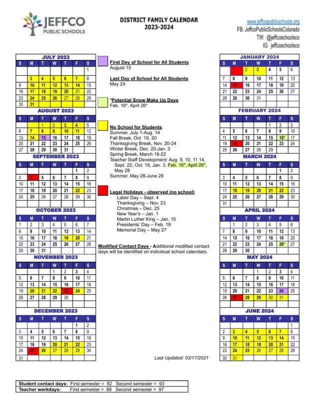 Jeffco Public School Calendar for 2023-2024