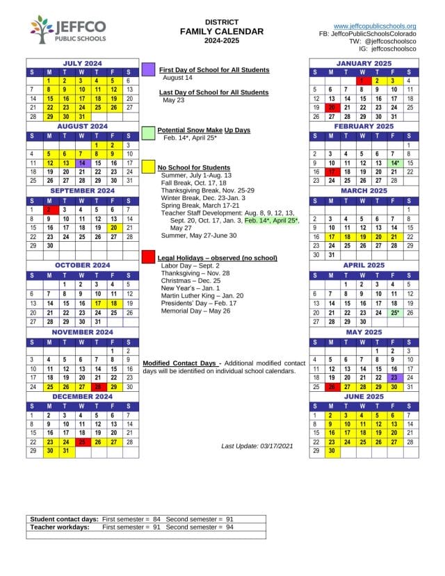 Jeffco Public School Calendar for 2024-2025