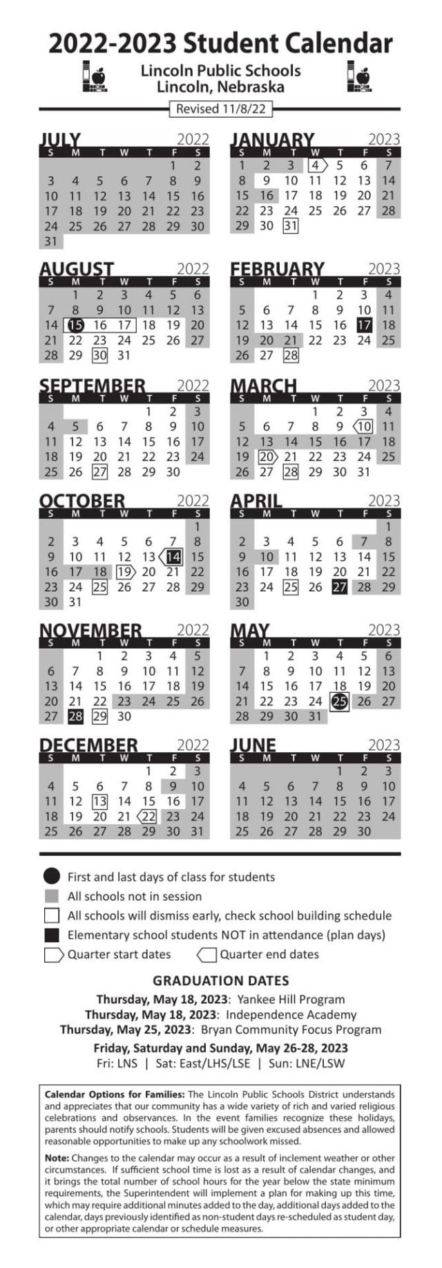 Lincoln Public School Calendar for 2022-2023