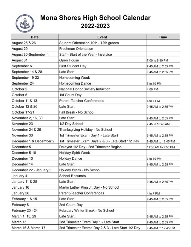Mona Shores Public School Calendar for 2022-2023