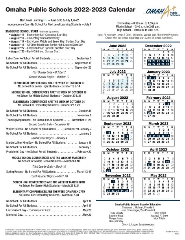 Omaha Public School Calendar for 2022-2023