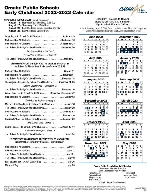 Omaha Public Schools (OPS) Early Childhood 2022-2023 Calendar
