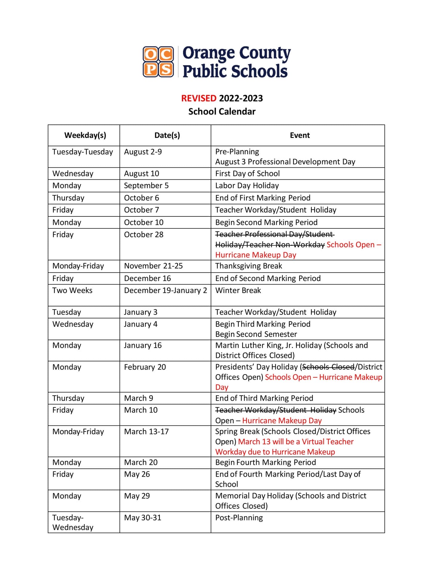 Orange County School Calendar for 2022-2023