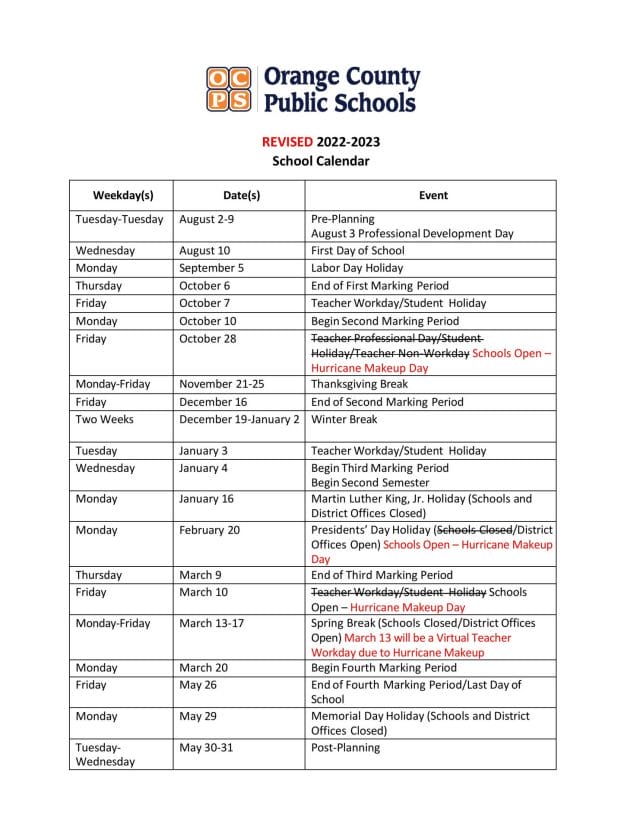 Orange County School Calendar for 2022-2023