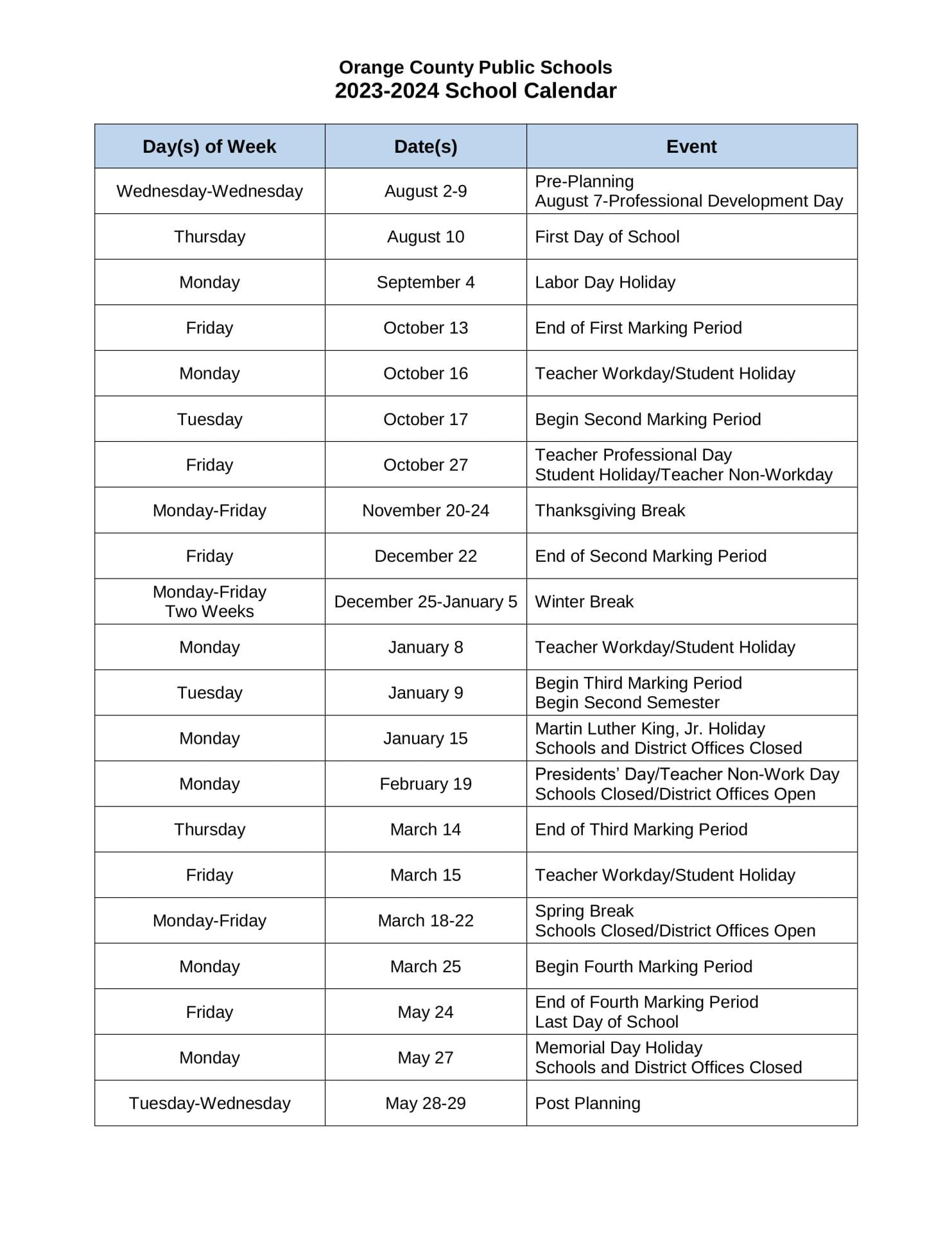 Orange County School Calendar for 2023-2024