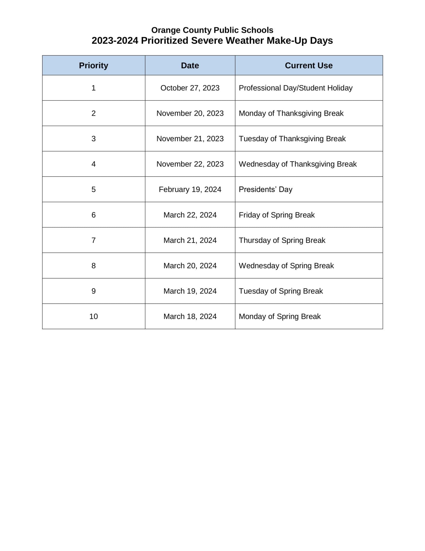 Orange County School Calendar for 2023-2024