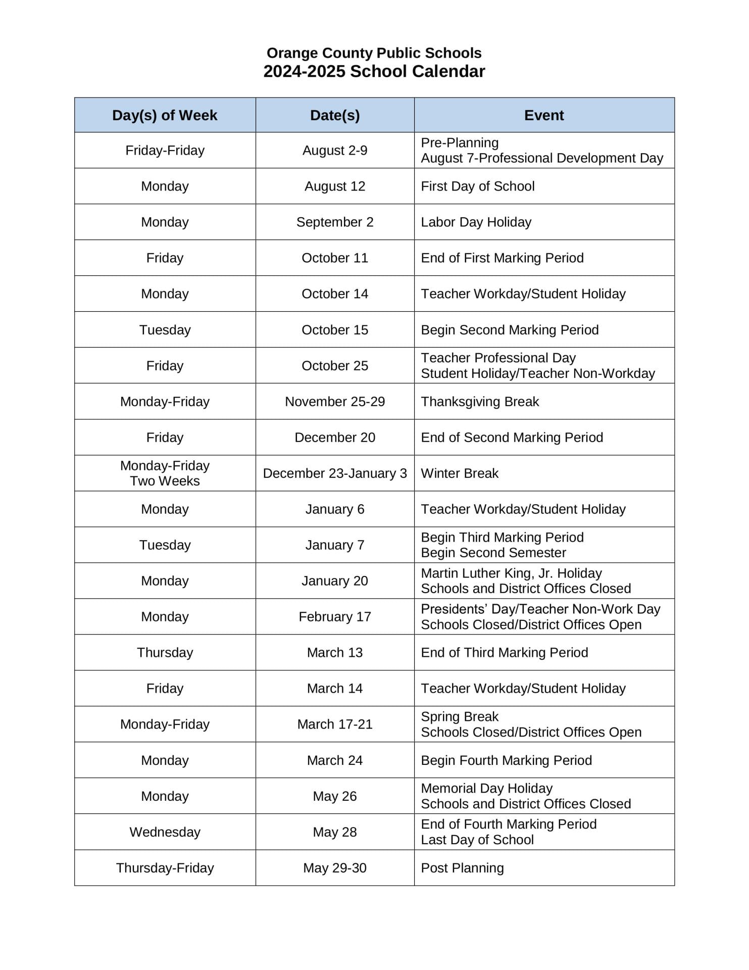 Orange County School Calendar for 2024-2025