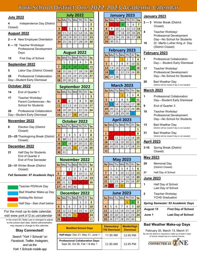 York School District One School Calendar for 2022-2023