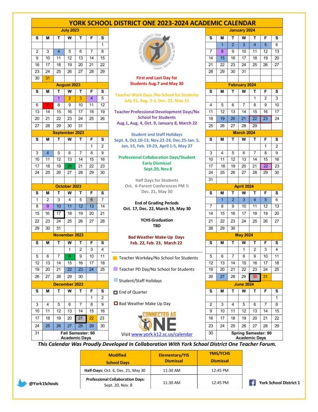 York School District One School Calendar for 2023-2024
