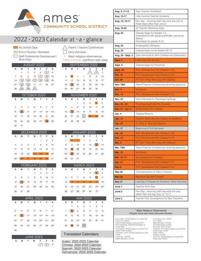 Ames Community School Calendar for 2022-2023