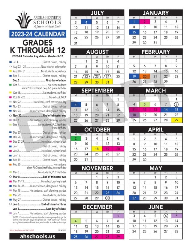 Anoka Hennepin School Calendar for 2023-2024