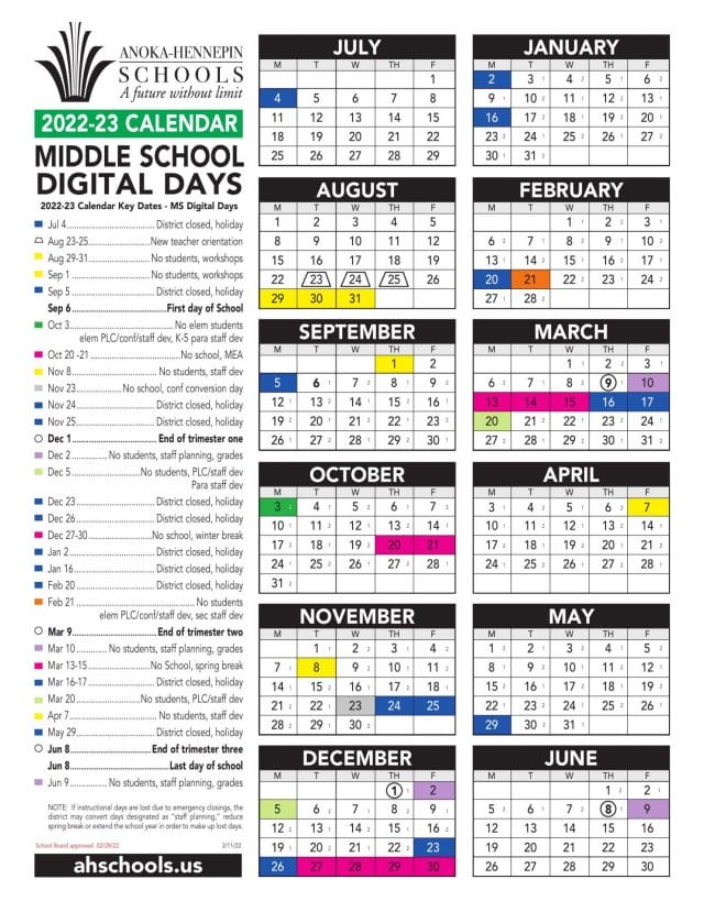 Anoka Hennepin School Calendar for 2022-2023