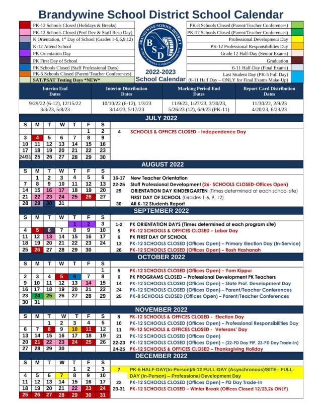Brandywine School Calendar for 2022-2023