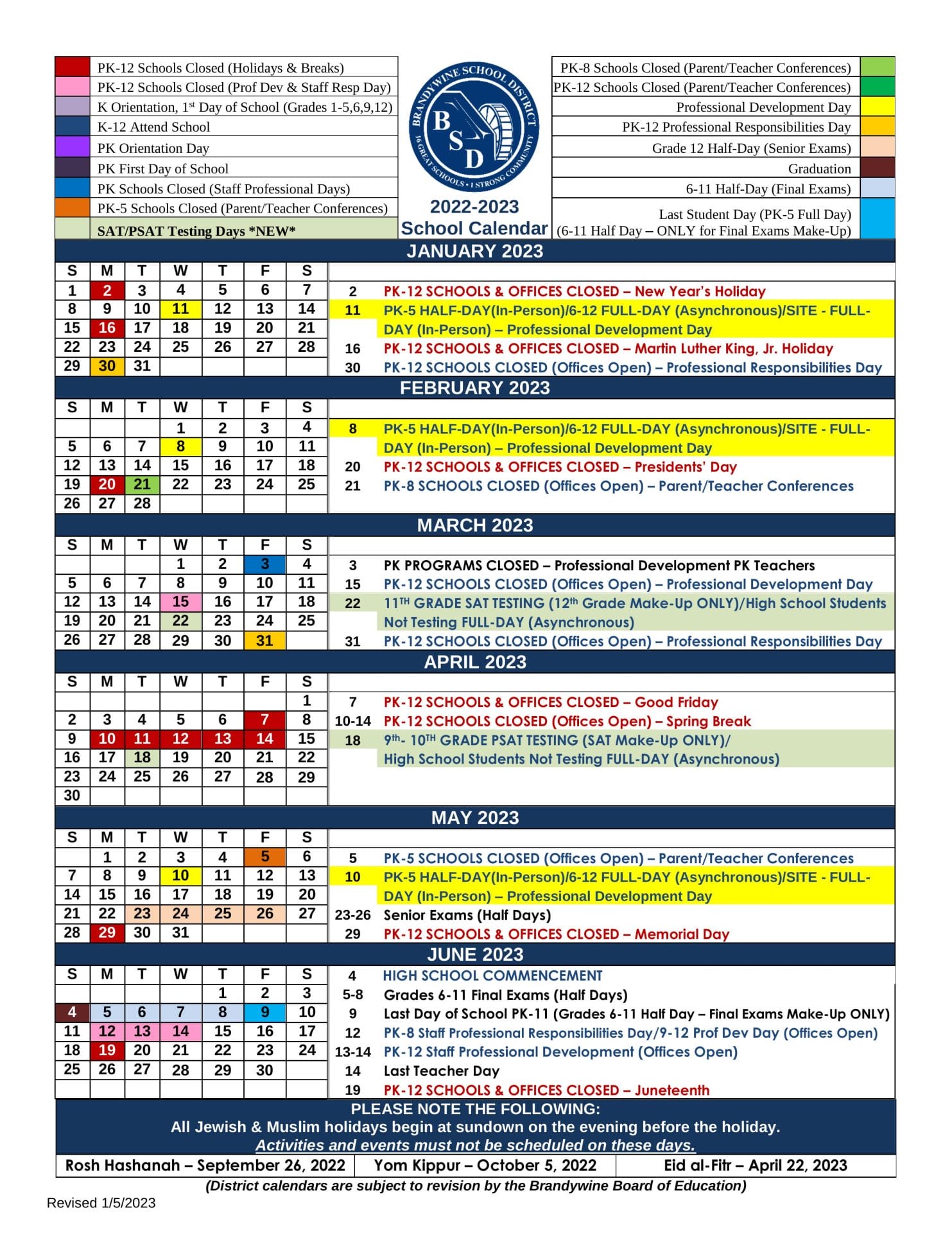 Brandywine School Calendar for 2022-2023