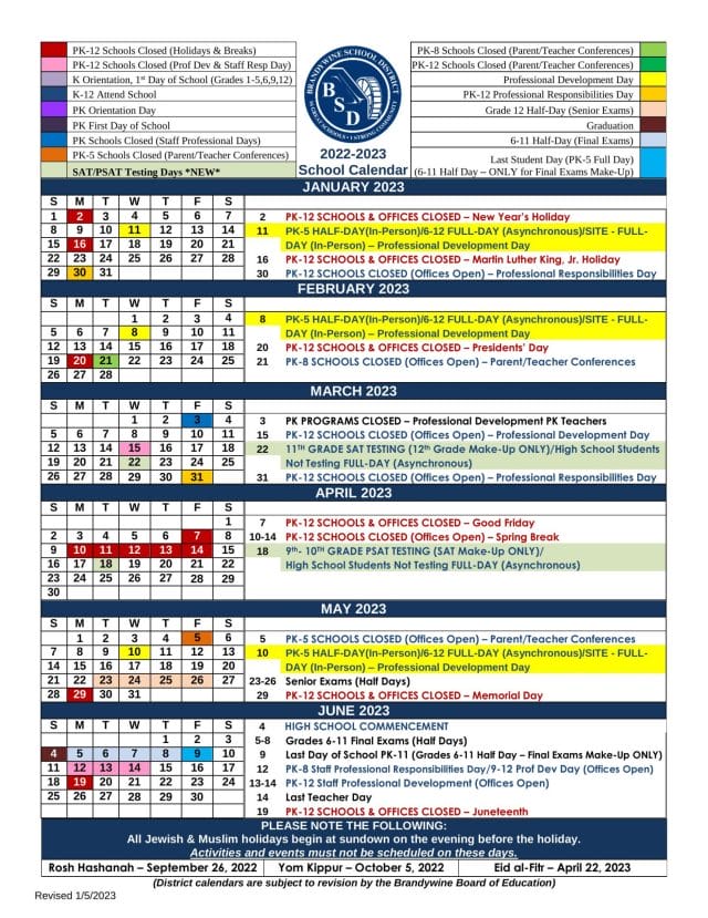 Brandywine School Calendar for 2022-2023