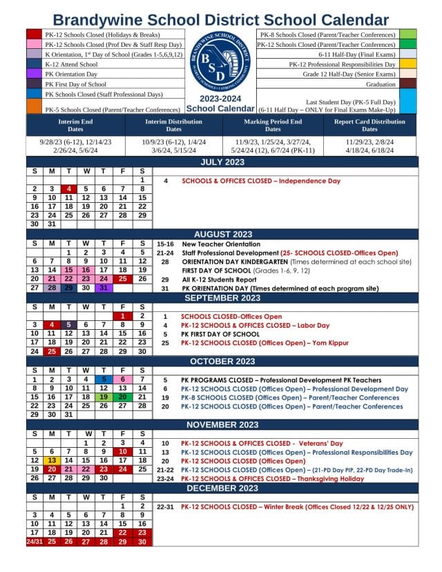 Brandywine School Calendar for 2023-2024