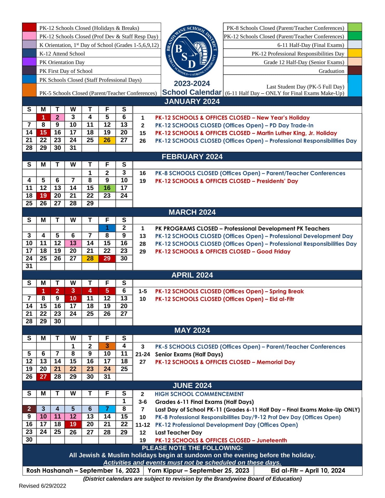 Brandywine School Calendar for 2023-2024