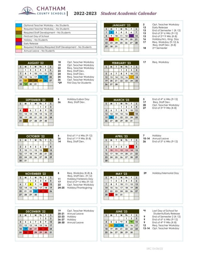 Chatham County School Calendar for 2022-2023