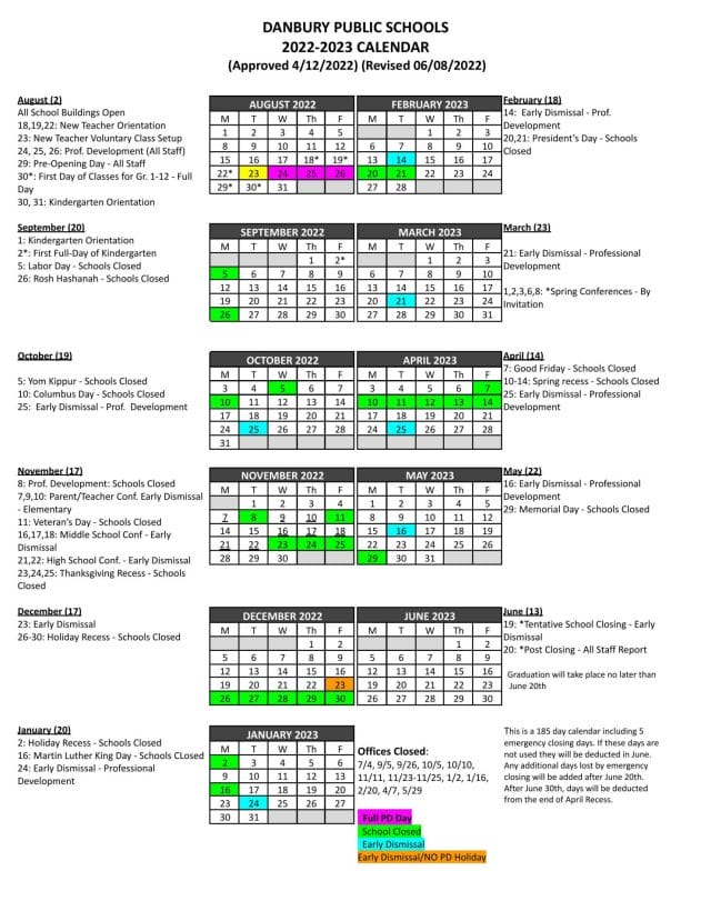Danbury Public School Calendar for 2022-2023