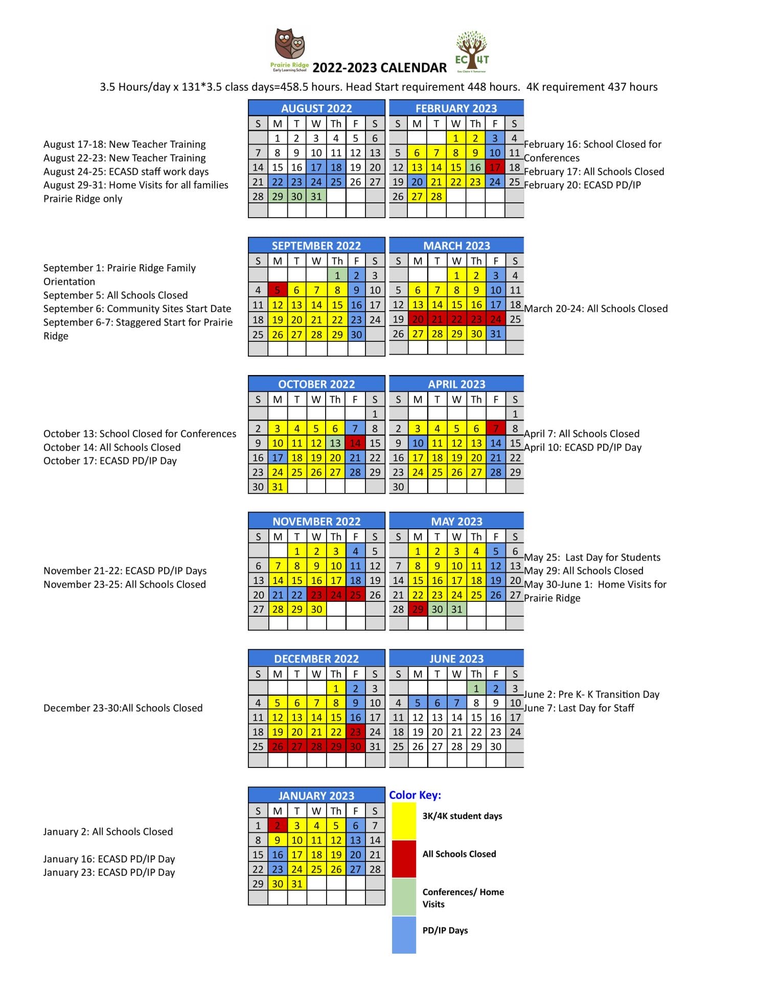 Eau Claire School Calendar for 2022-2023