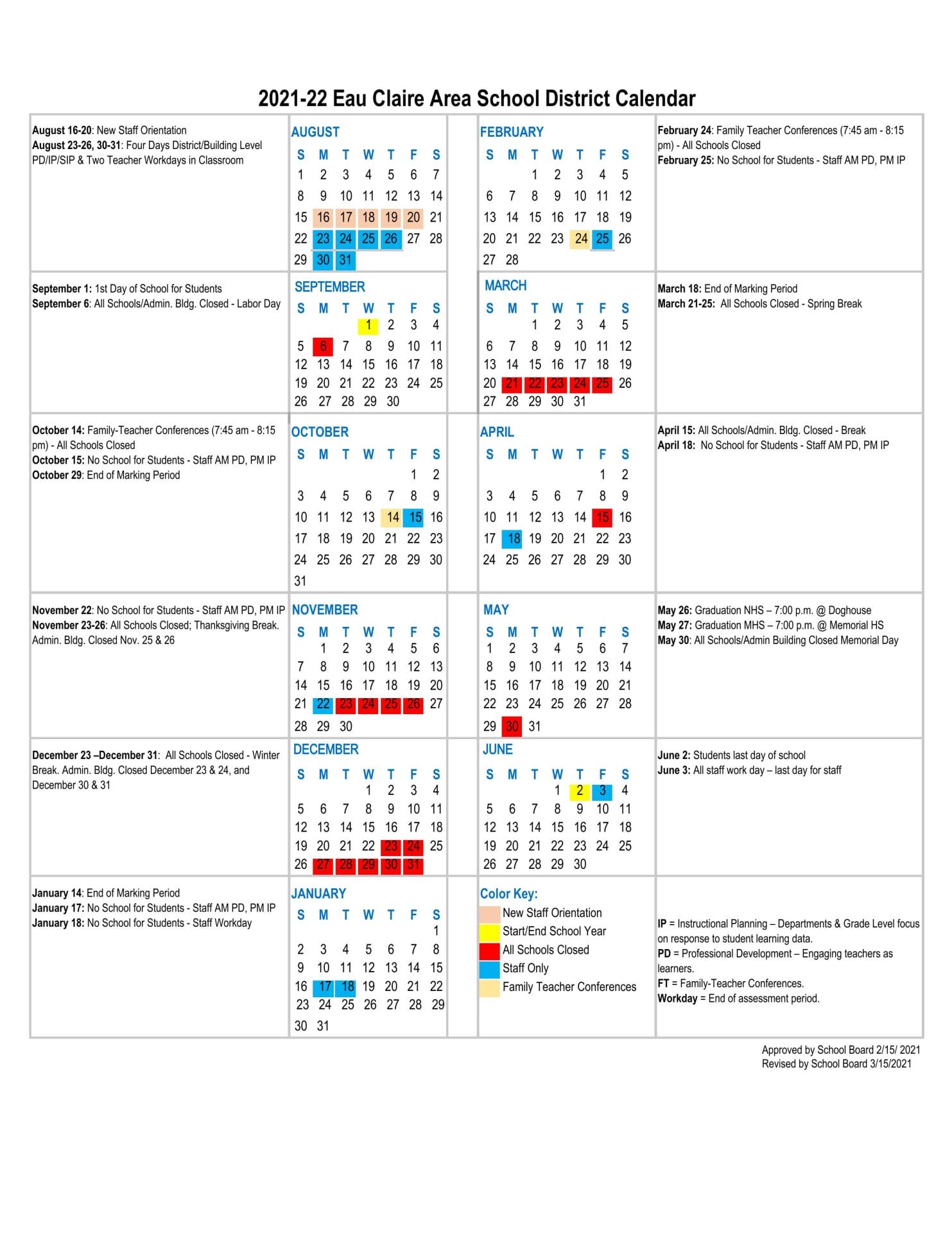 Eau Claire school calendar 2021-2022