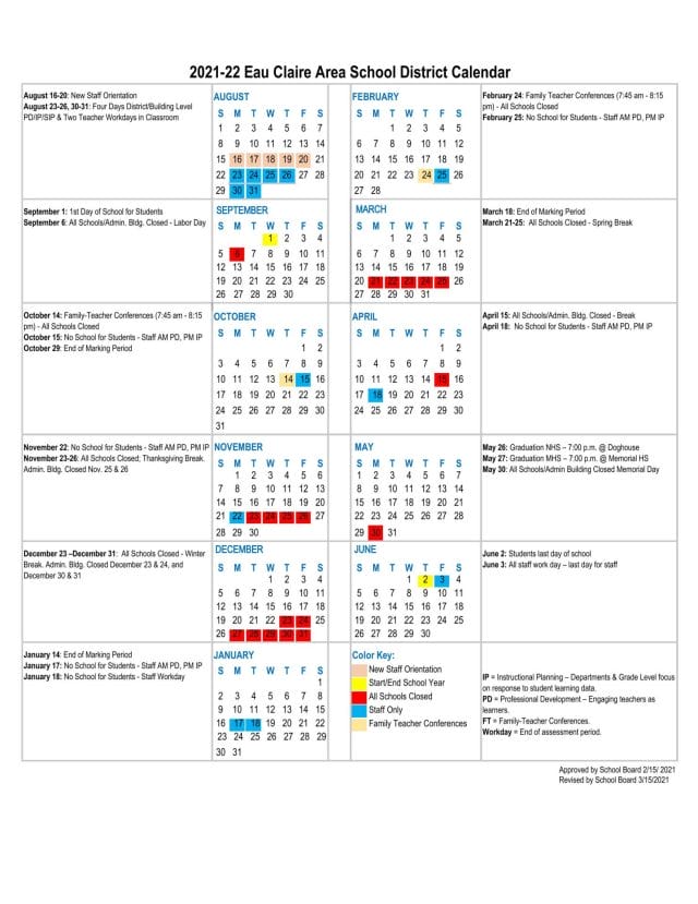 Eau Claire school calendar 2021-2022