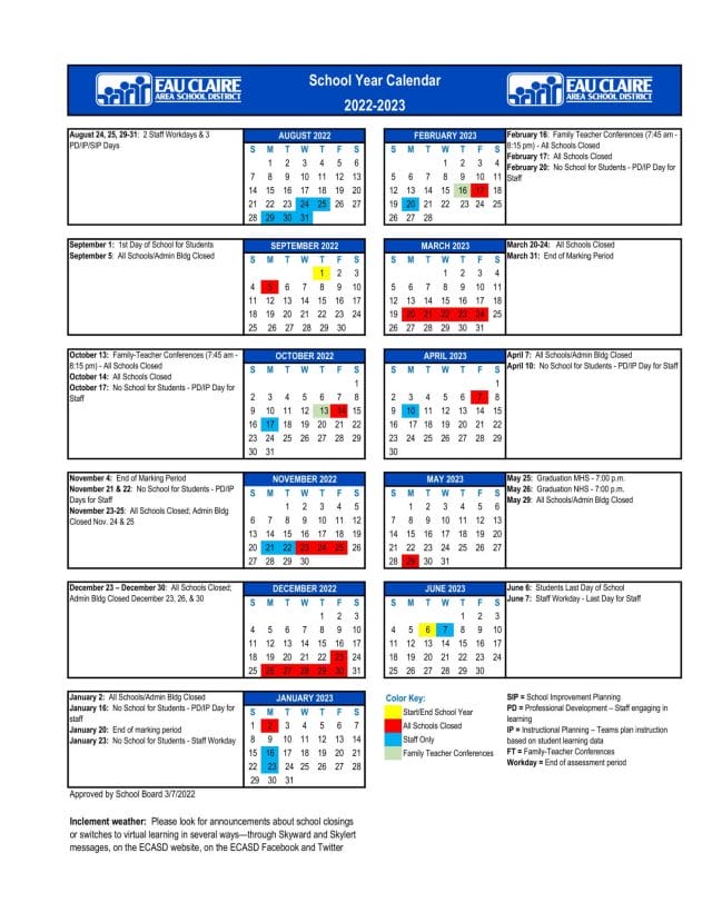 Eau Claire School Calendar for 2022-2023
